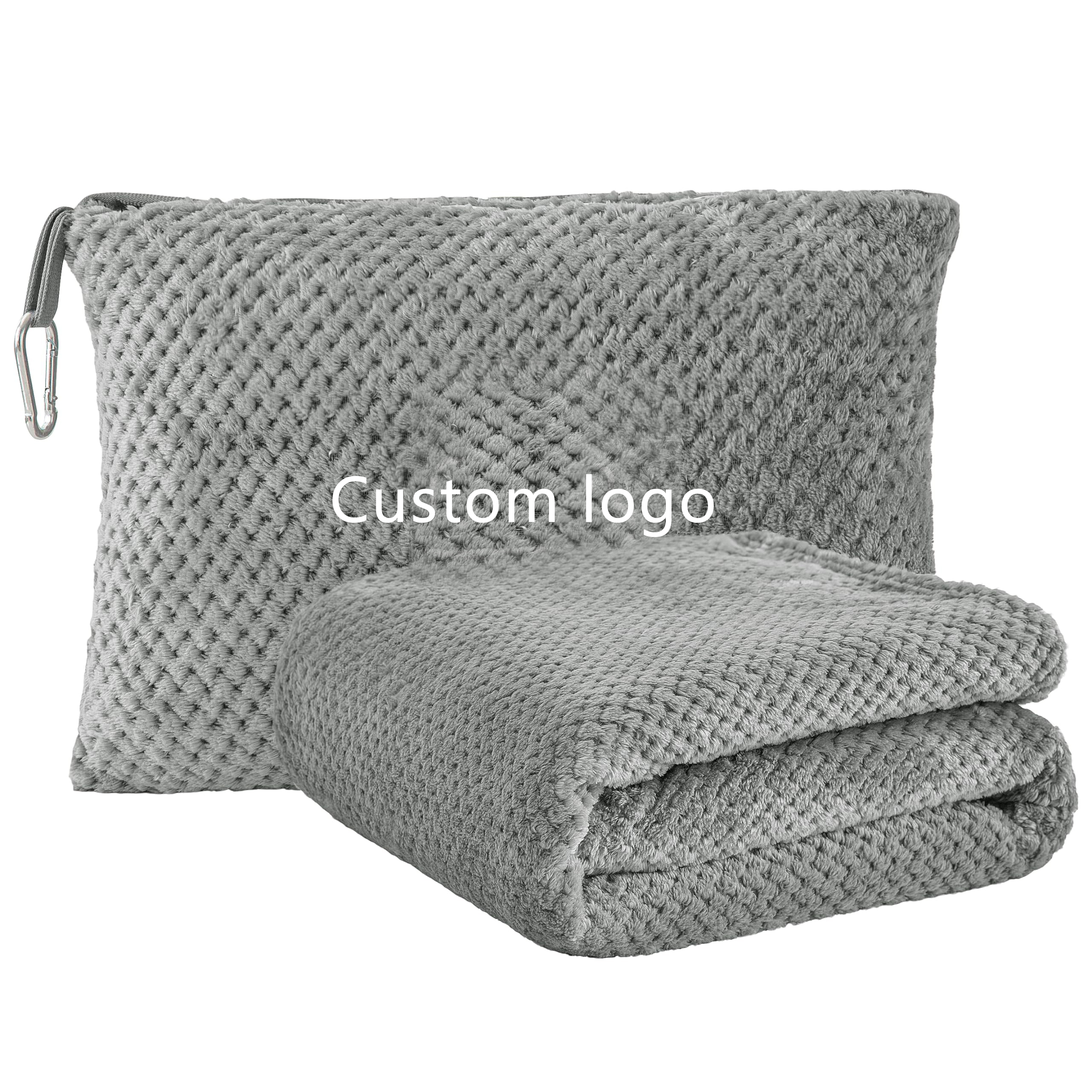Custom 2in 1 travel blanket And Pillow Set Airplane Compact with Bag Portable and Packable Airpline 2 in 1 Jacquard Travel Pillow and Blanket Set