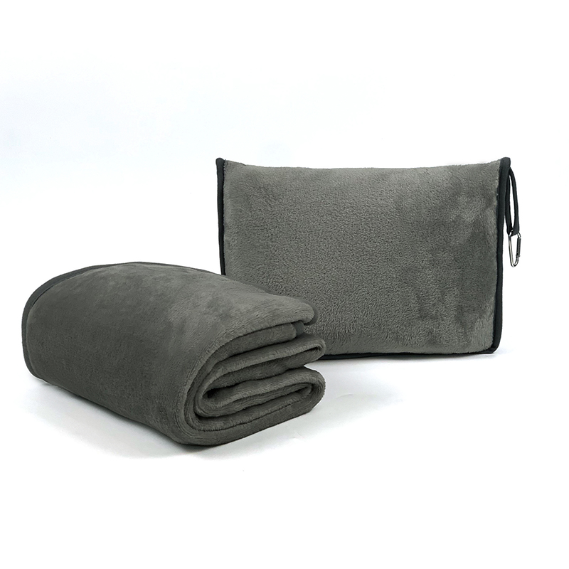 Folding custom logo branded fleece portable inflatable pillow blanket t airplane travel blanket and pillow set with bag