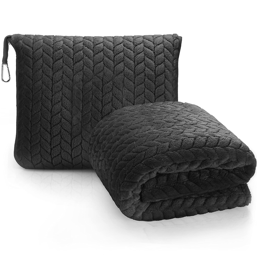 Premium Soft 2 in 1 Airplane Blanket with Soft Bag Pillowcase Hand Luggage Sleeve and Backpack Clip Travel Blanket and Pillow
