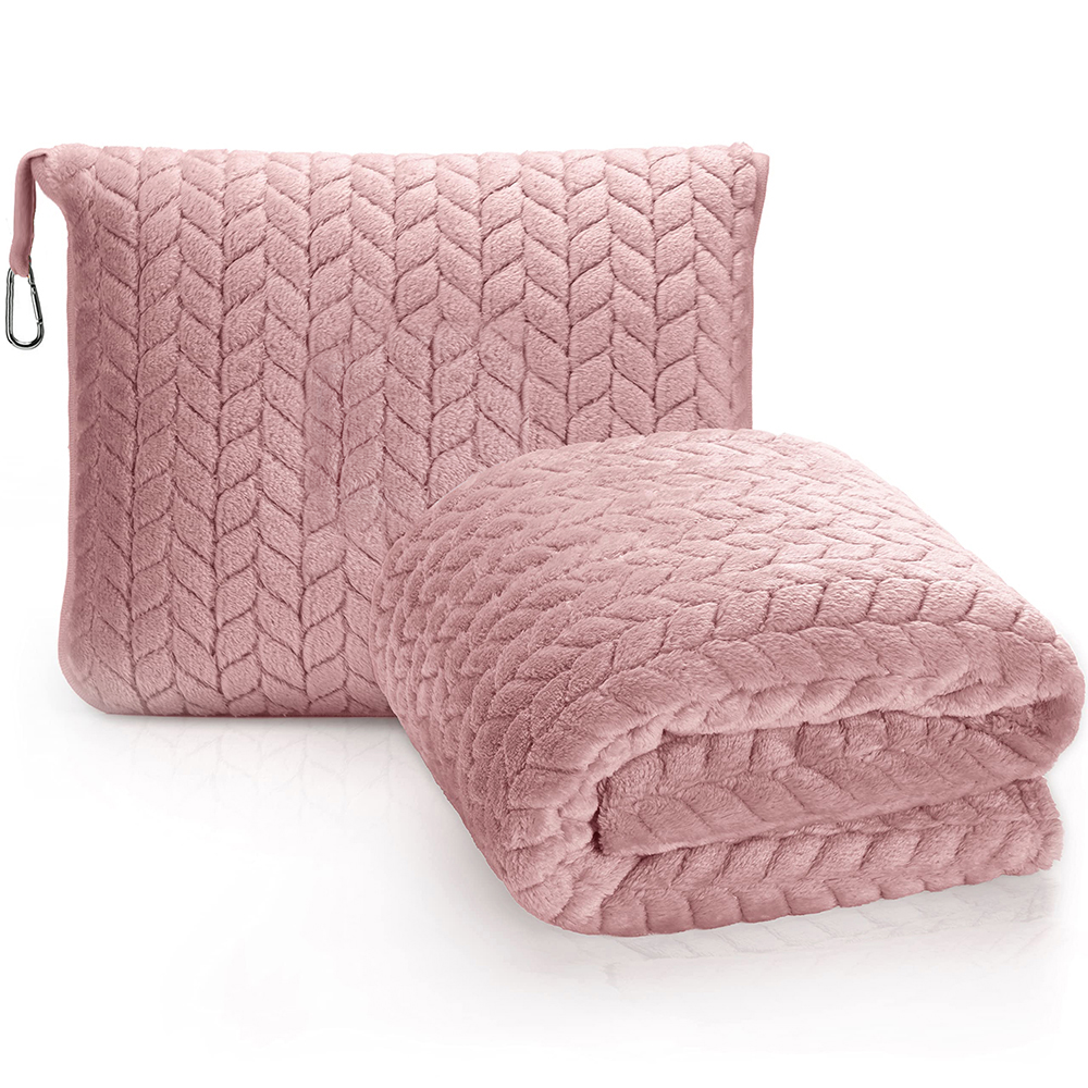 Custom logo Soft Pillow 2 in 1 Airplane Blanket With Soft Bag Pillowcase Plush Large Embroidered Travel Blanket And Pillow Set