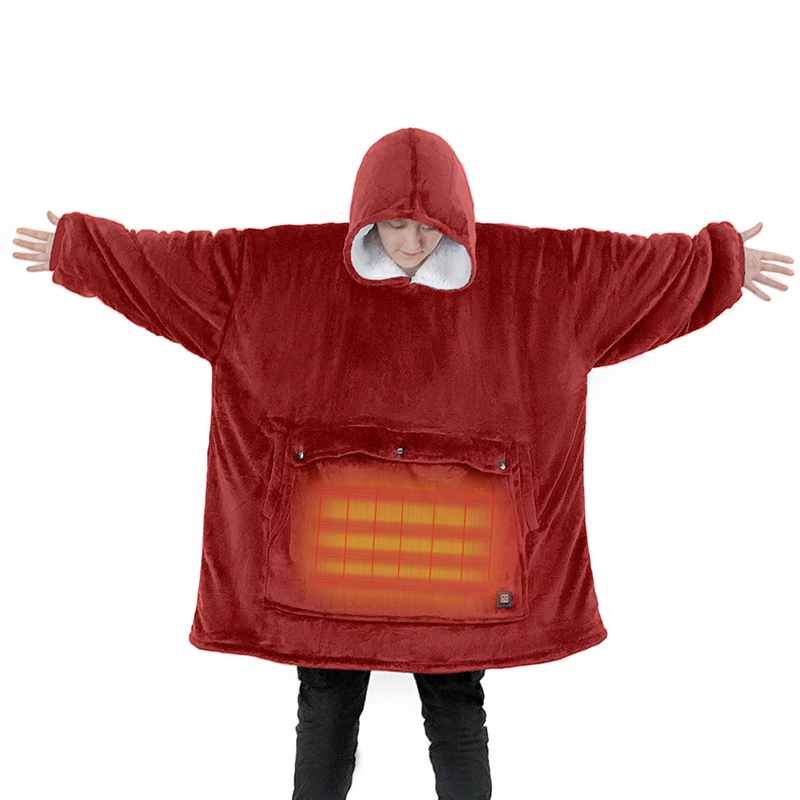 Wholesale Custom USB Heating Flannel Sherpa Clothes Logo Electric Heated Hooded MINK Fluffy Hoodie Warmer Wearable TV Blanket